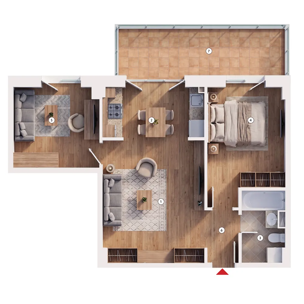 plan apartament Apartament 2 camere + birou tip 3A