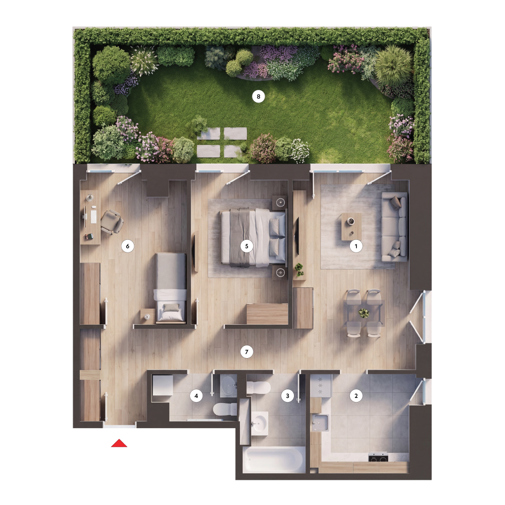 plan apartament Apartament 3 camere tip 3B cu grădină