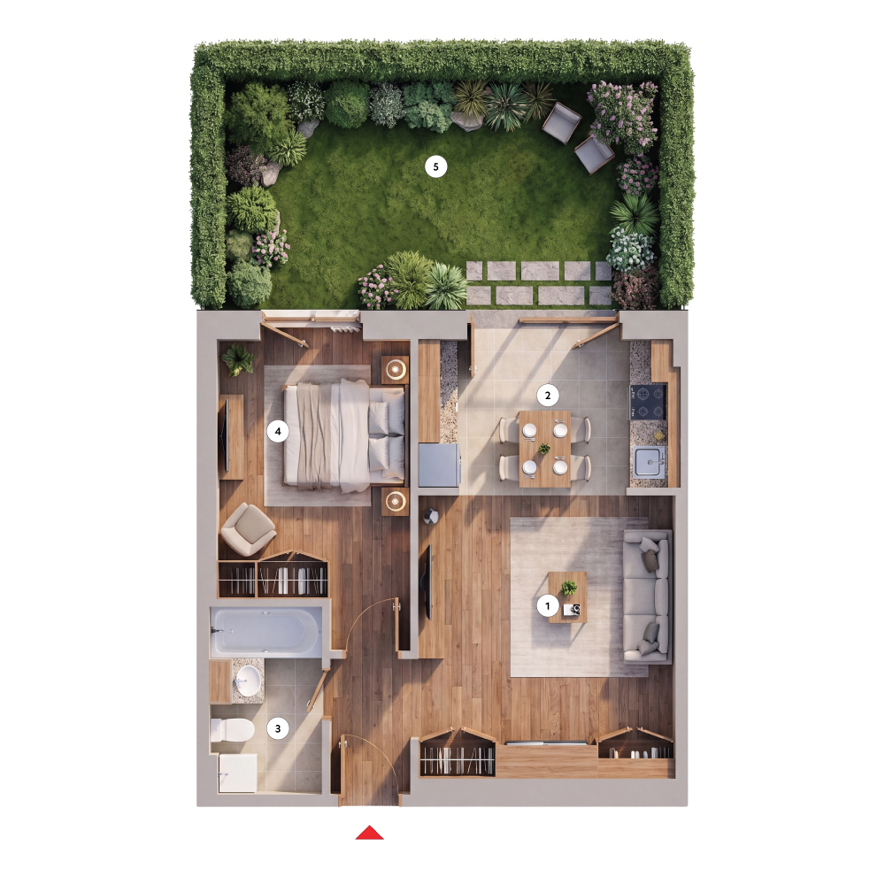 plan apartament Studio dublu tip 2A cu grădină