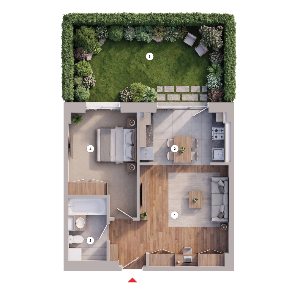 plan apartament Studio dublu tip 2B cu grădină