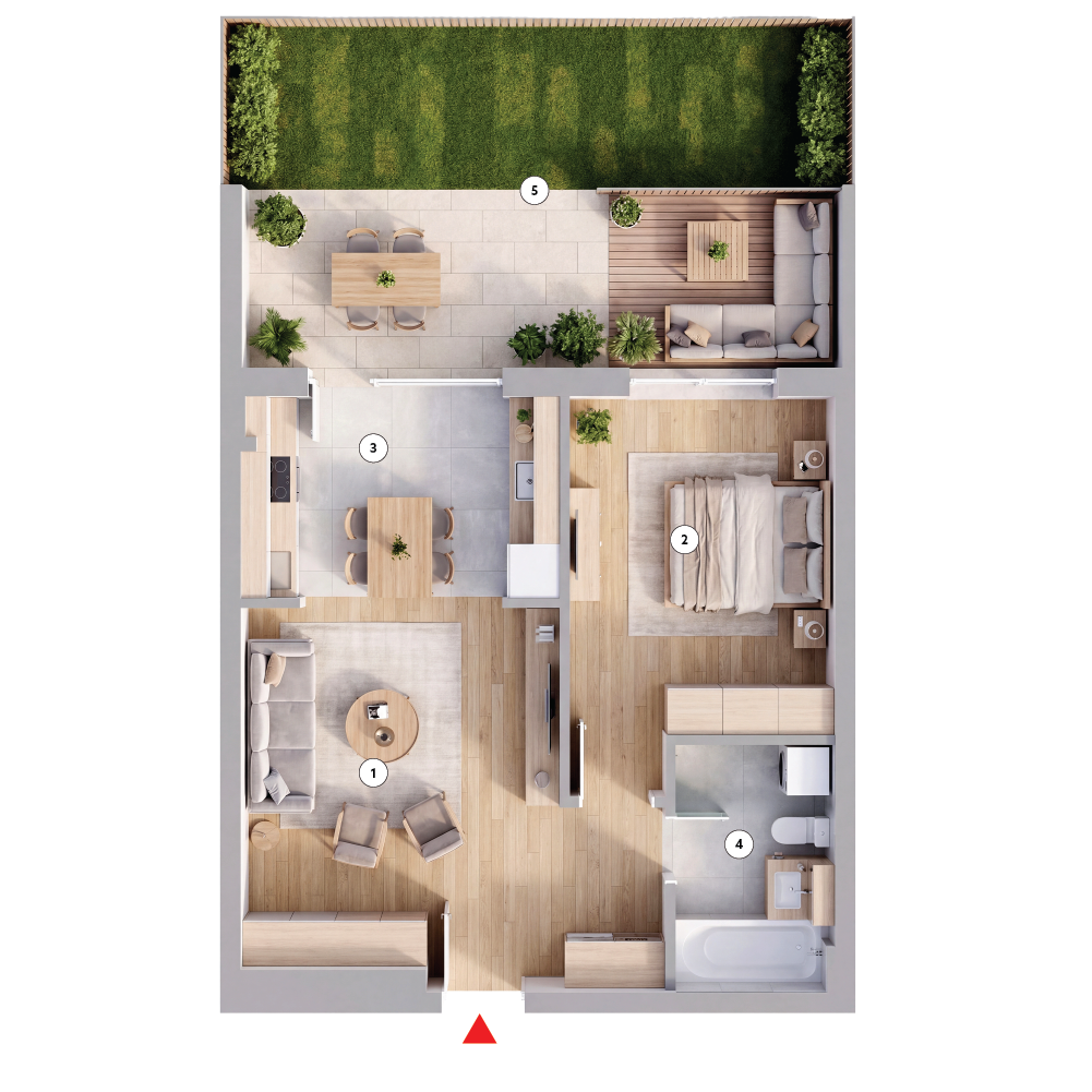 plan apartament Studio dublu tip 2B cu grădină