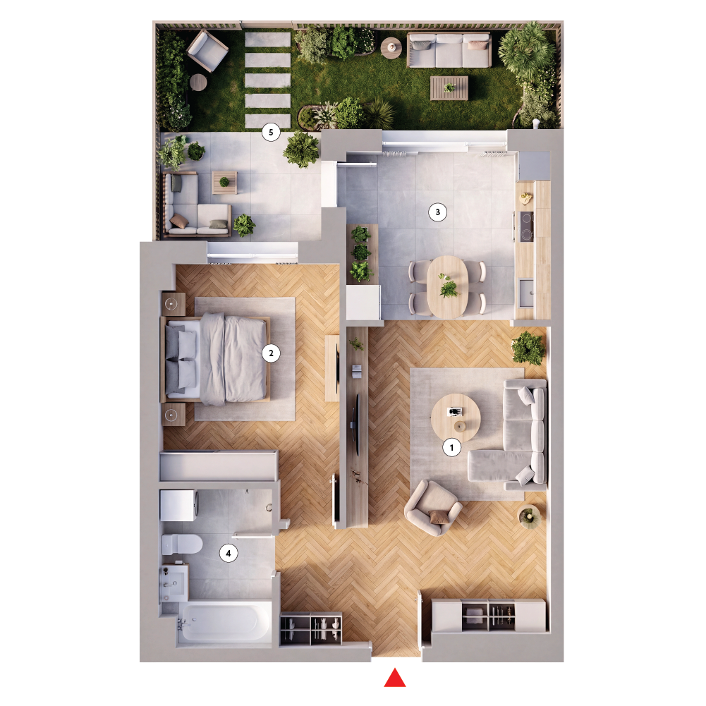 plan apartament Apartament 2 camere tip 2E cu grădină
