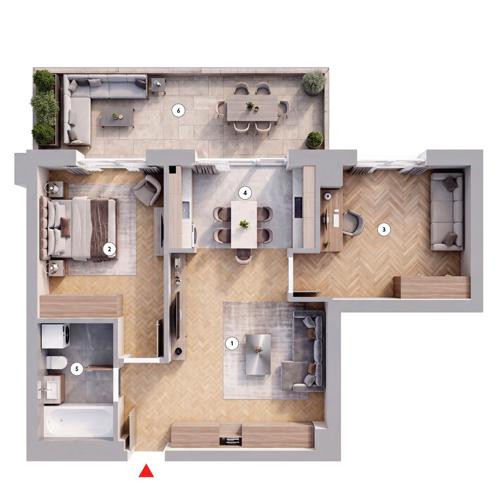 plan apartament Apartament 2 camere + birou tip 3A