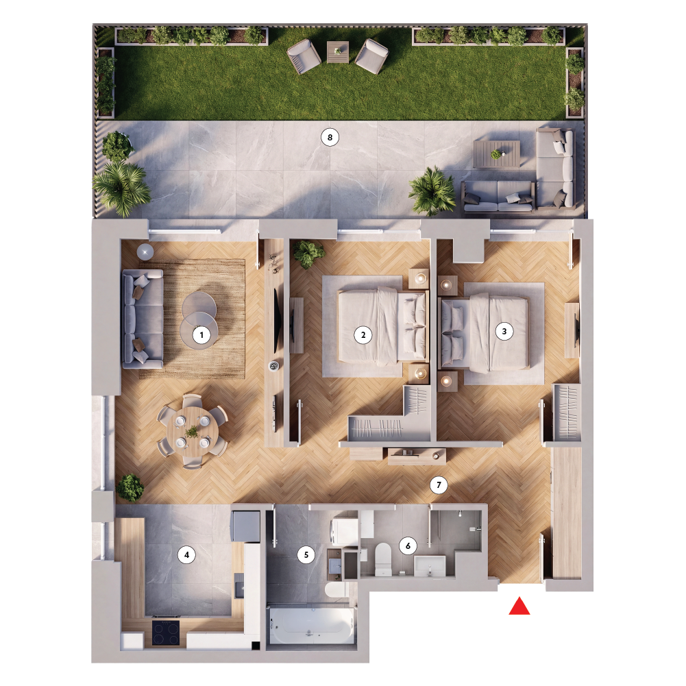 plan apartament Apartament 3 camere tip 3B cu grădină