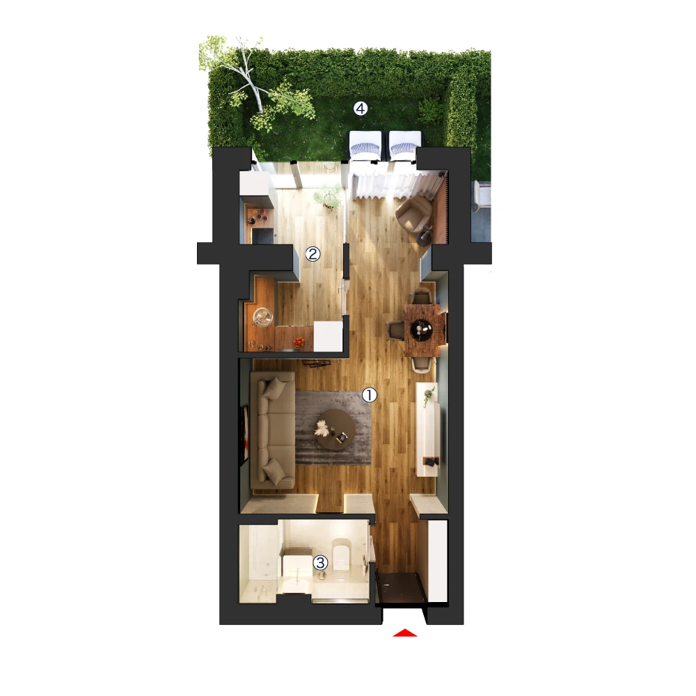 plan apartament Garsonieră tip 1A cu grădină