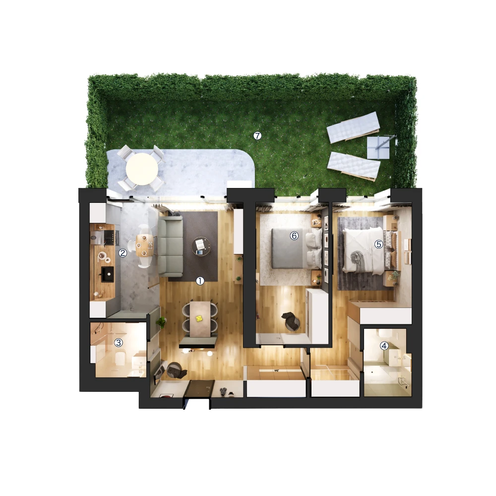 plan apartament Apartament 3 camere tip 3A cu grădină