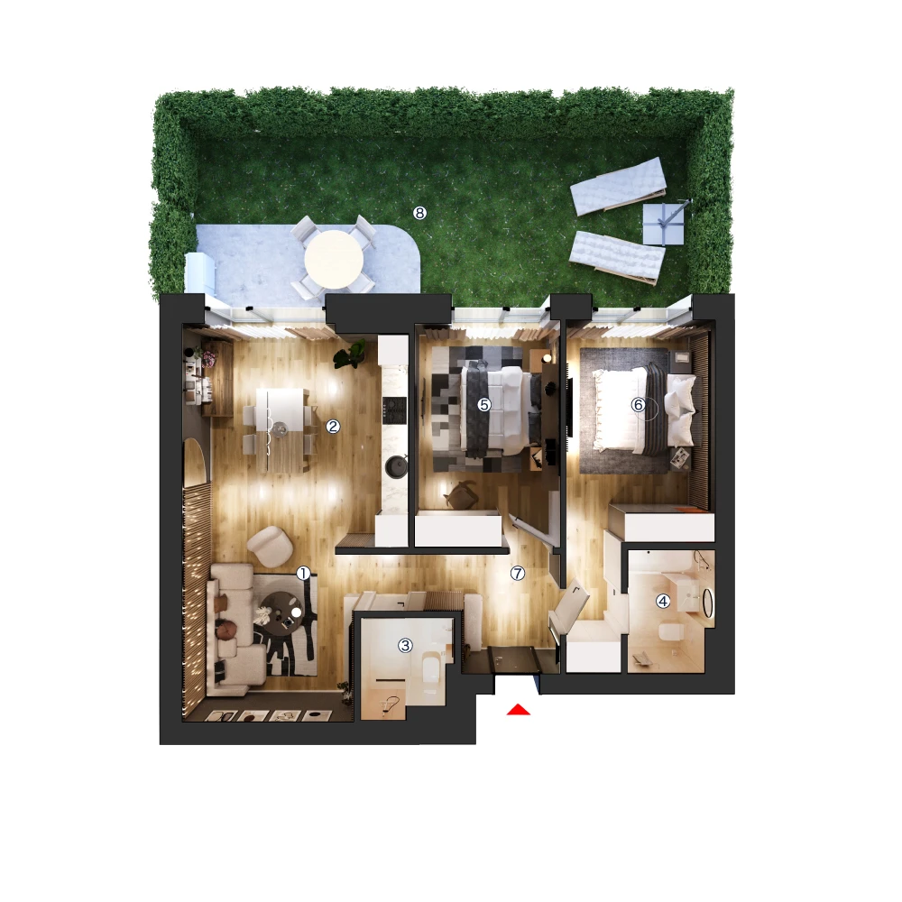 plan apartament Apartament 3 camere tip 3B cu grădină