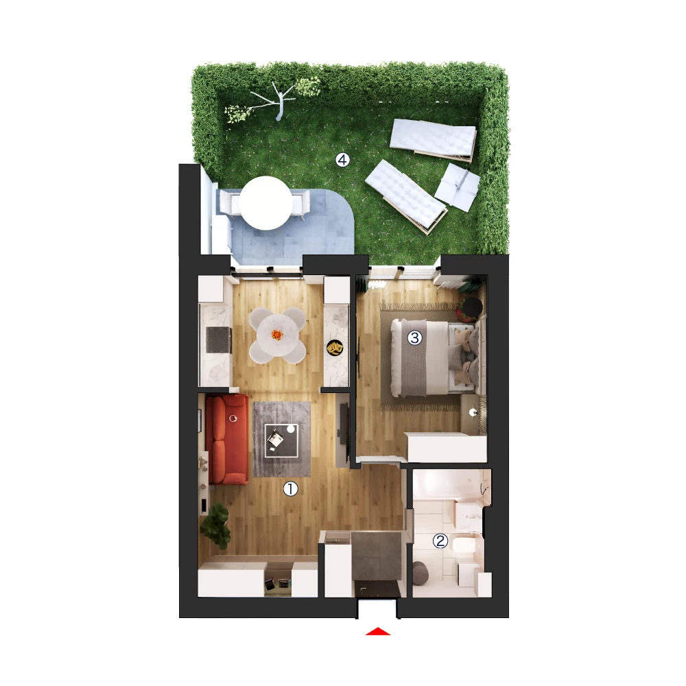 plan apartament Studio dublu tip 2B cu grădină