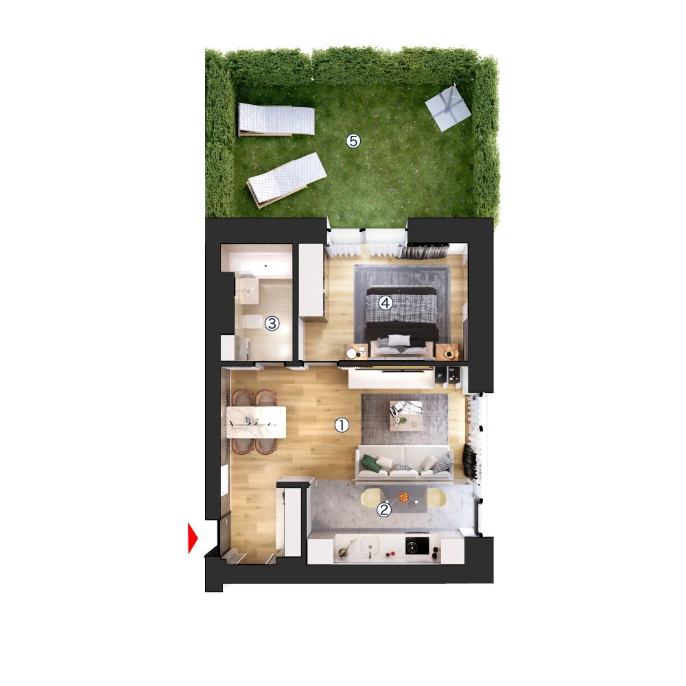 plan apartament Studio dublu tip 2C cu grădină