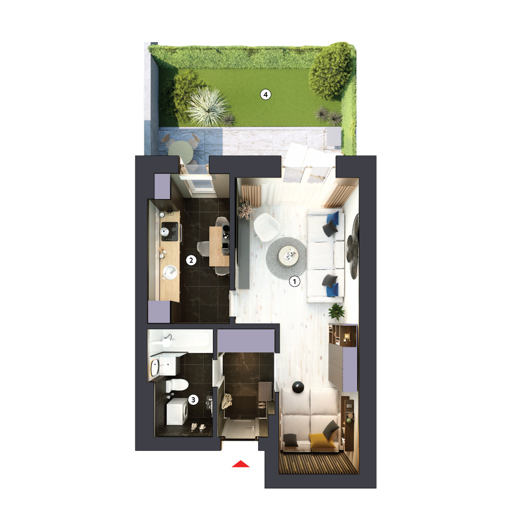 plan apartament Garsonieră tip 1D parter cu grădină