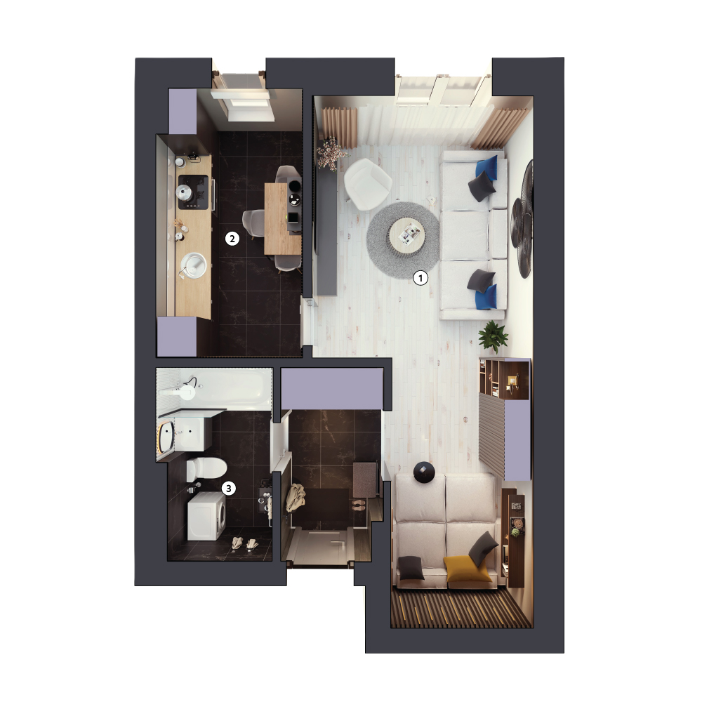 plan apartament Garsonieră tip 1D parter
