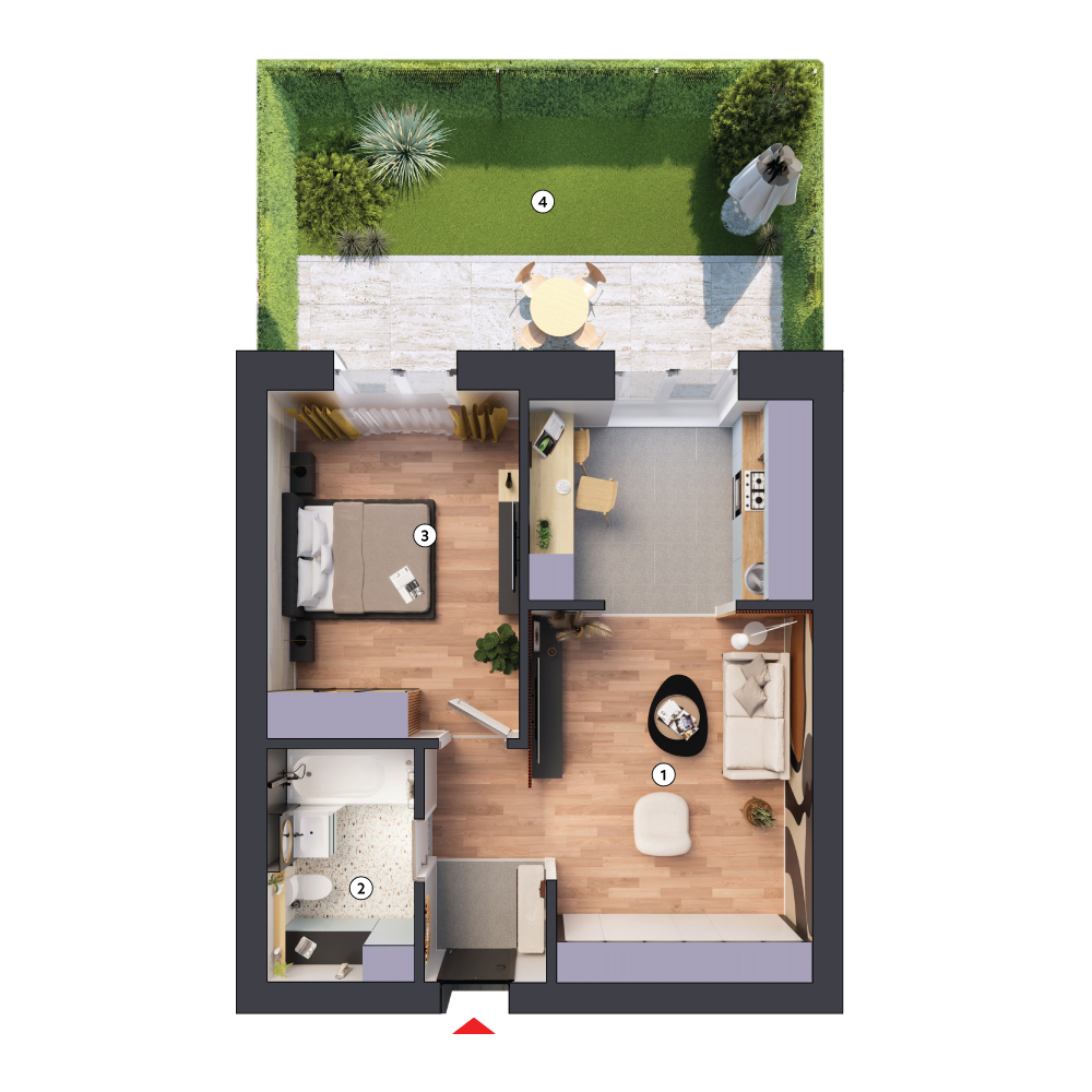 plan apartament Studio dublu tip 2B parter cu grădină