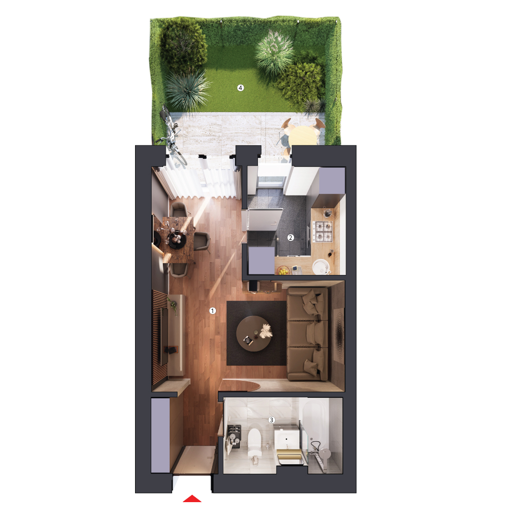 plan apartament Garsonieră tip 1A parter cu grădină