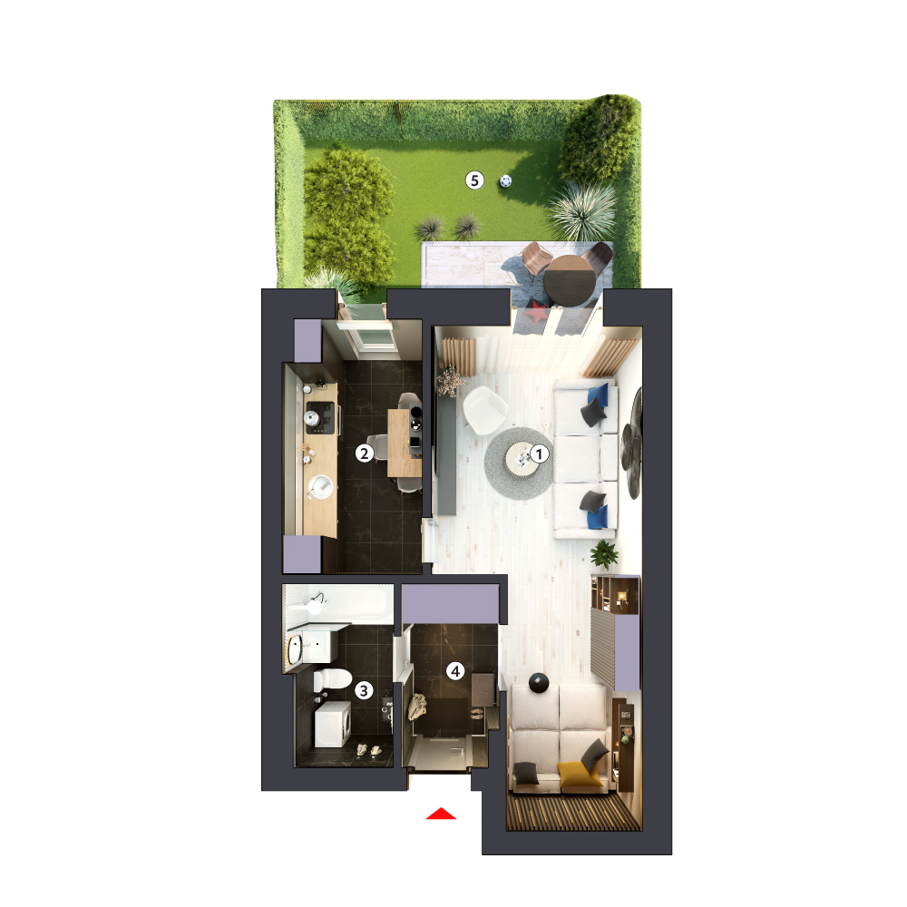 plan apartament Garsonieră tip 1D parter cu grădină