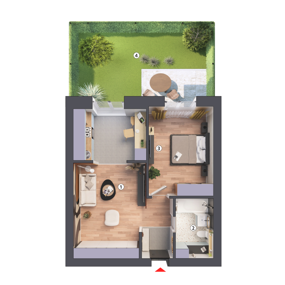 plan apartament Studio dublu tip 2A parter cu grădină