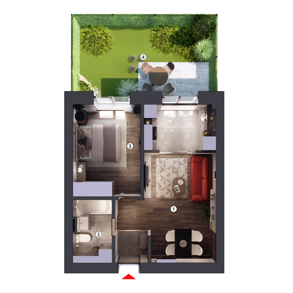 plan apartament Studio dublu tip 2B parter cu grădină