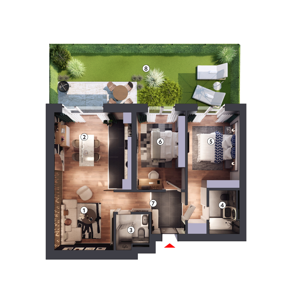 plan apartament Apartament 3 camere tip 3B parter cu grădină