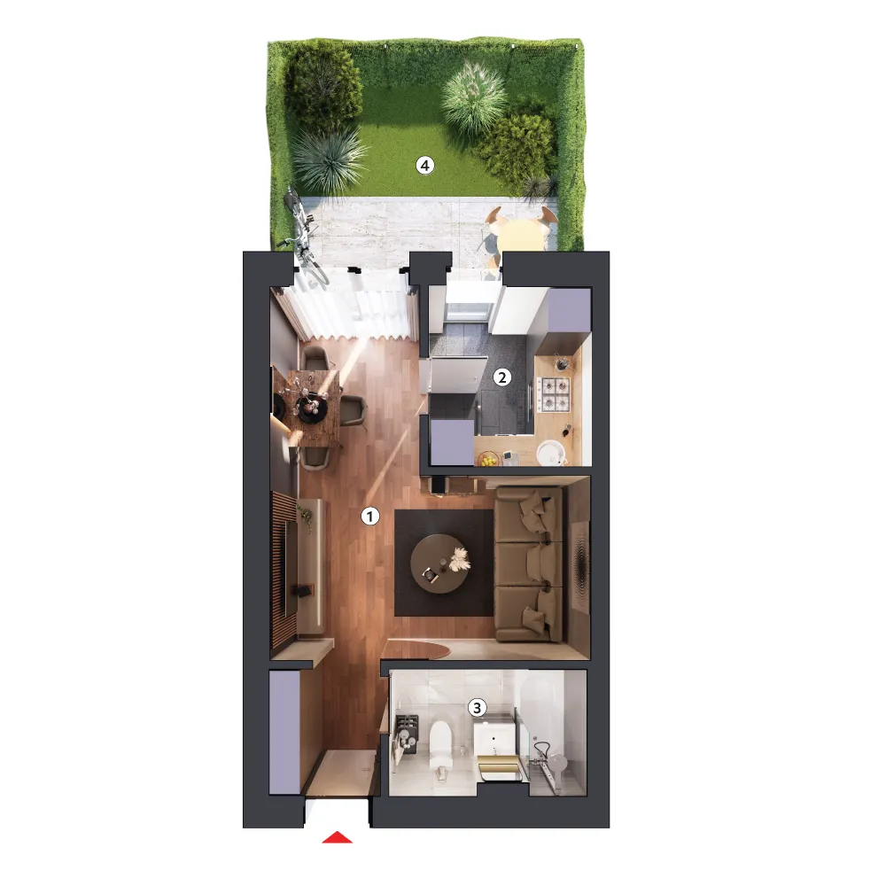 plan apartament Garsonieră tip 1A parter cu grădină