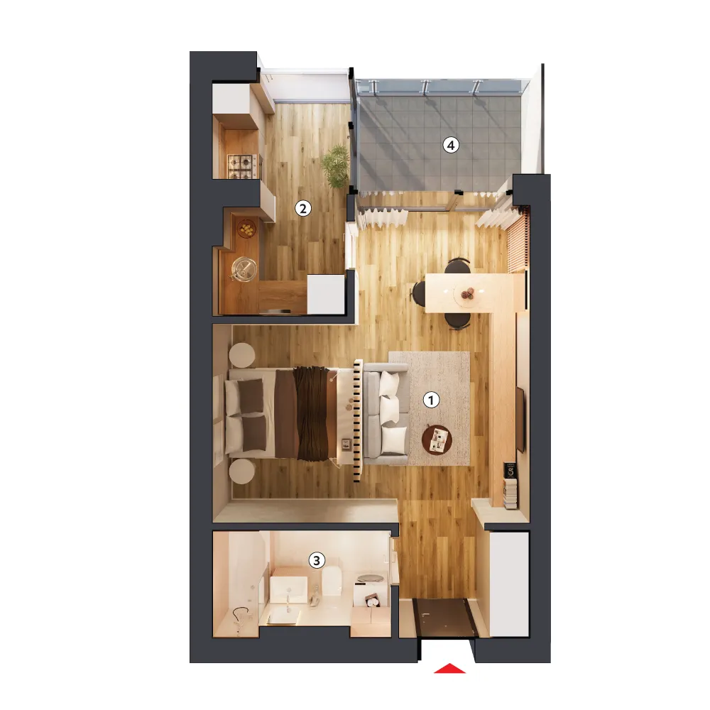 plan apartament Garsonieră tip 1B etaj