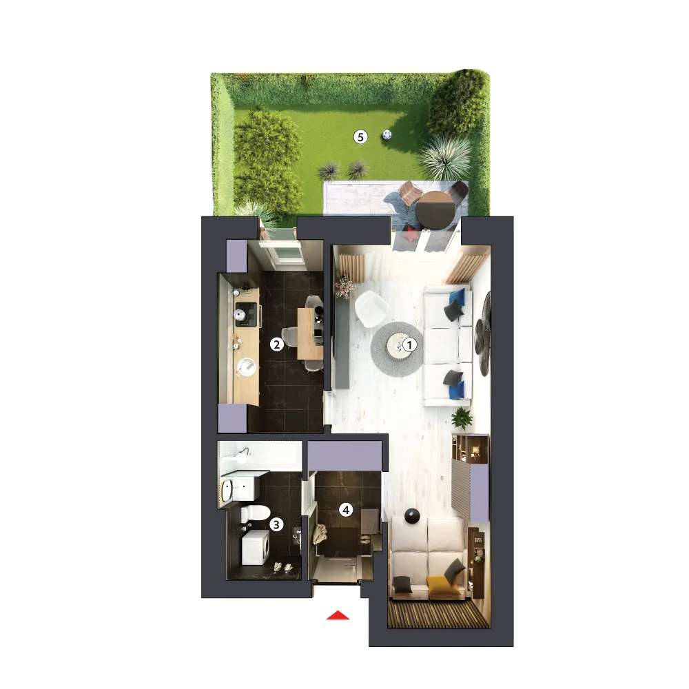 plan apartament Garsonieră tip 1D parter cu grădină
