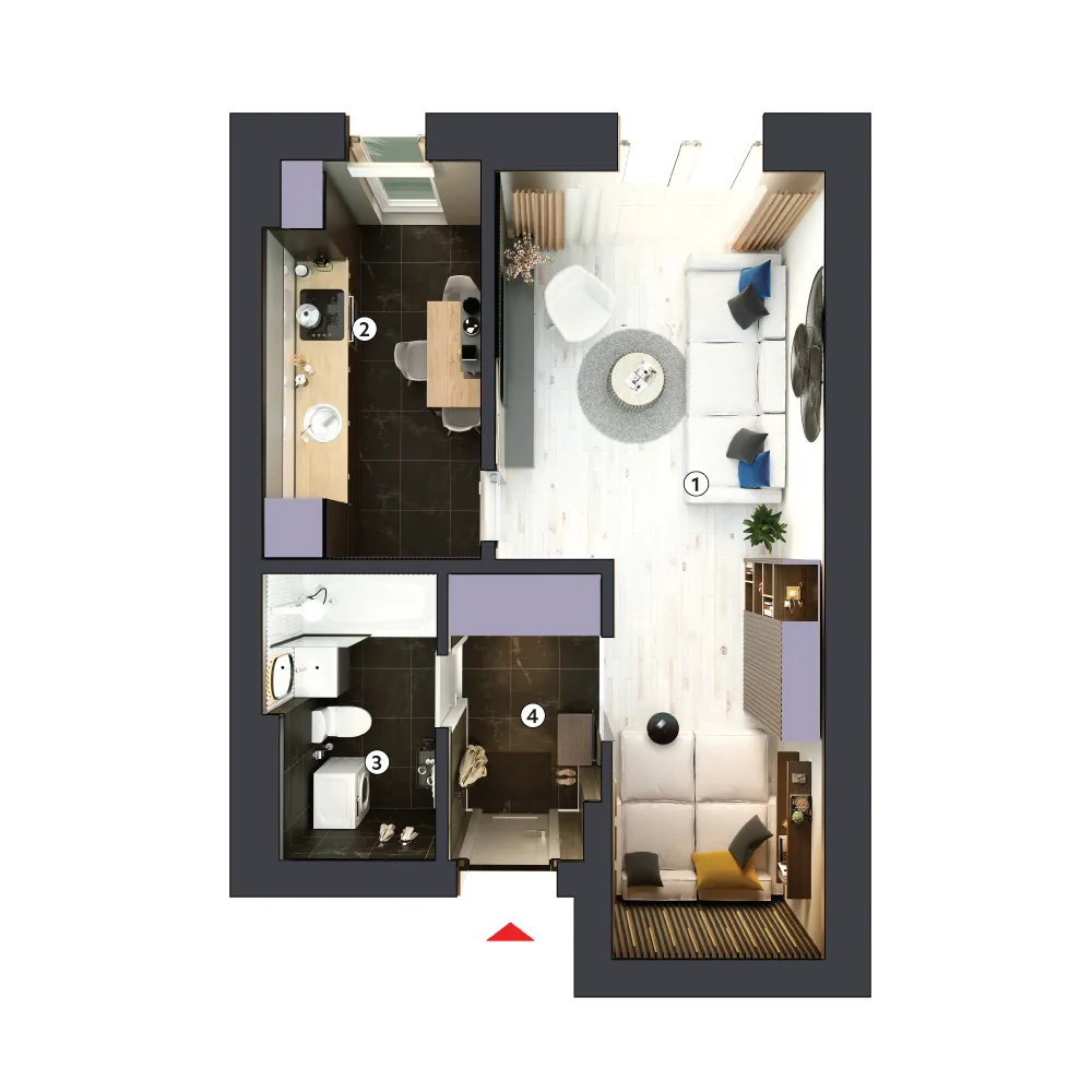 plan apartament Garsonieră tip 1D parter