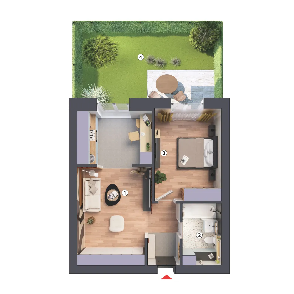 plan apartament Studio dublu tip 2A parter cu grădină