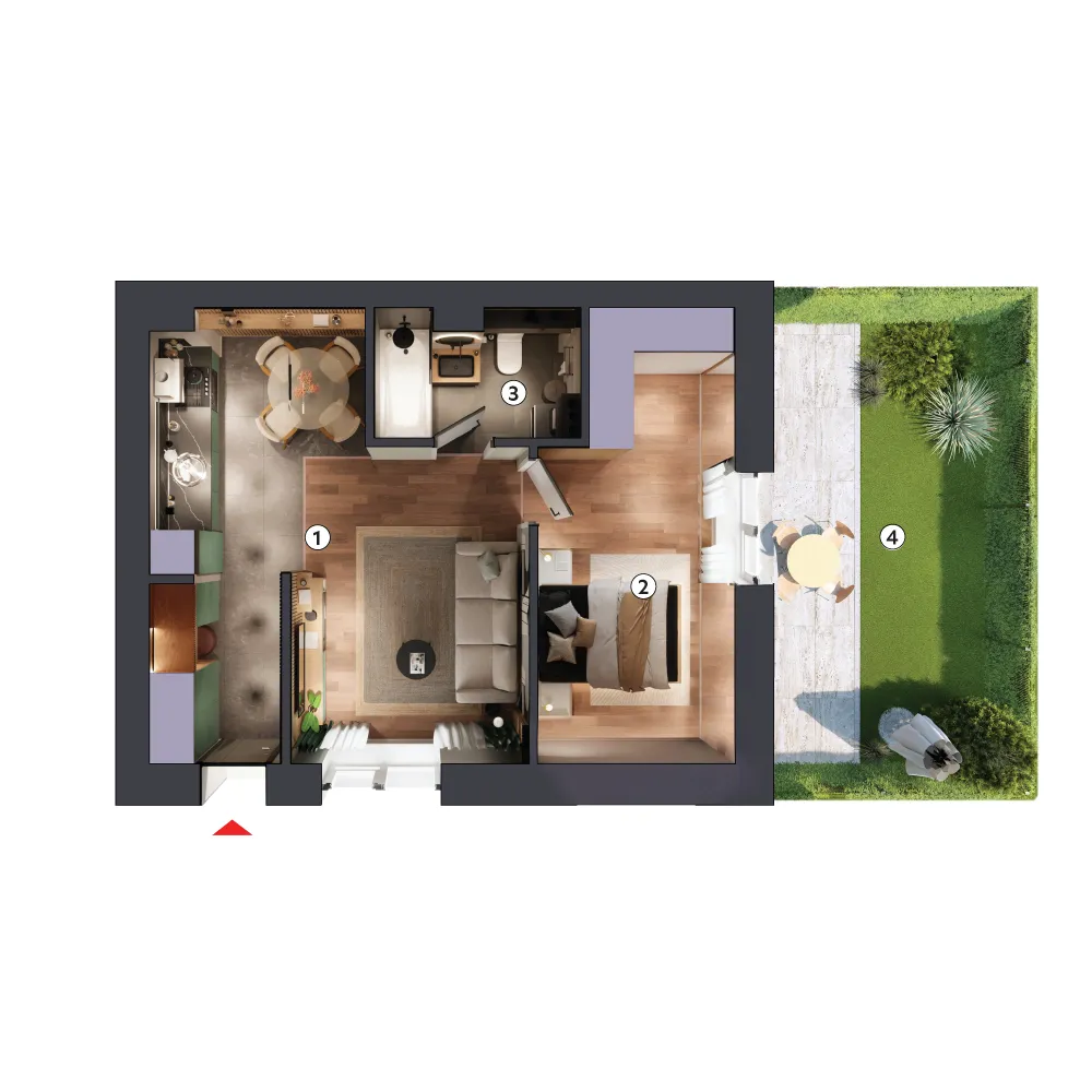 plan apartament Studio dublu tip 2E parter cu grădină