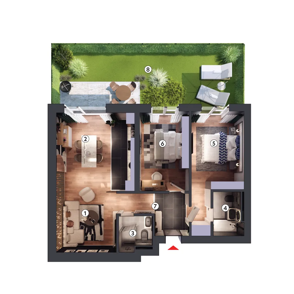 plan apartament Apartament 3 camere tip 3B parter cu grădină