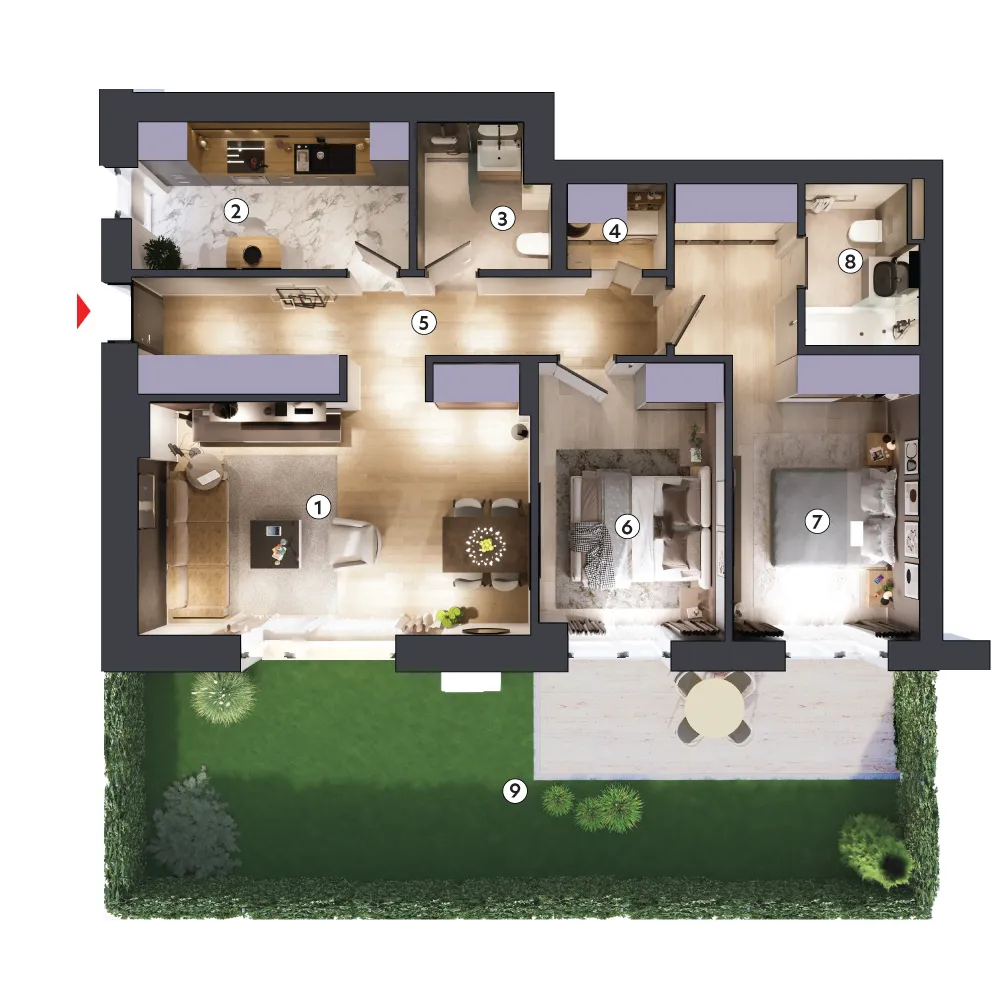 plan apartament Apartament 3 camere tip 3C parter cu grădină